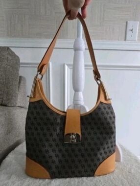 Vintage Dooney & Bourke Signature Monogram Canvas Hobo Shoulder Bag USA Made